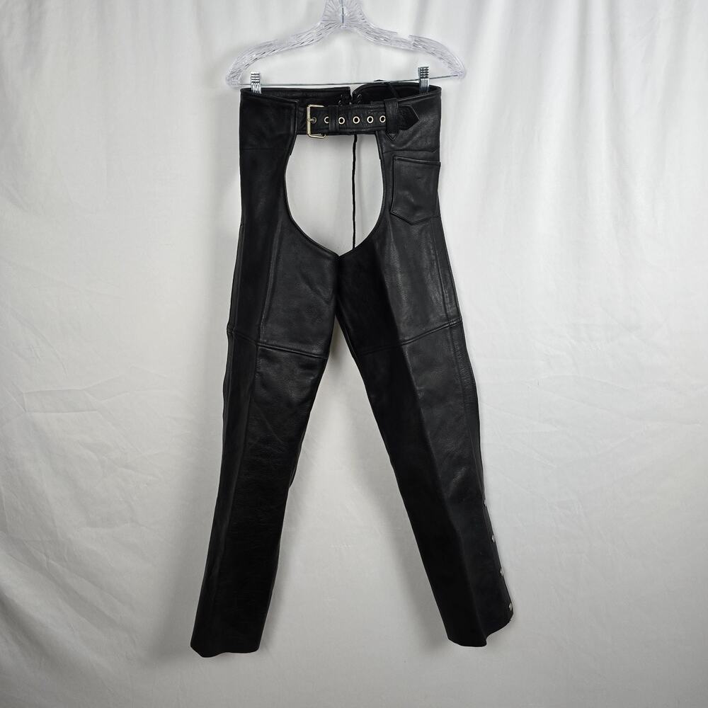 First MFG Leather Motorcycle Chaps Women's XS Black Snap Zip Adjustable Belt